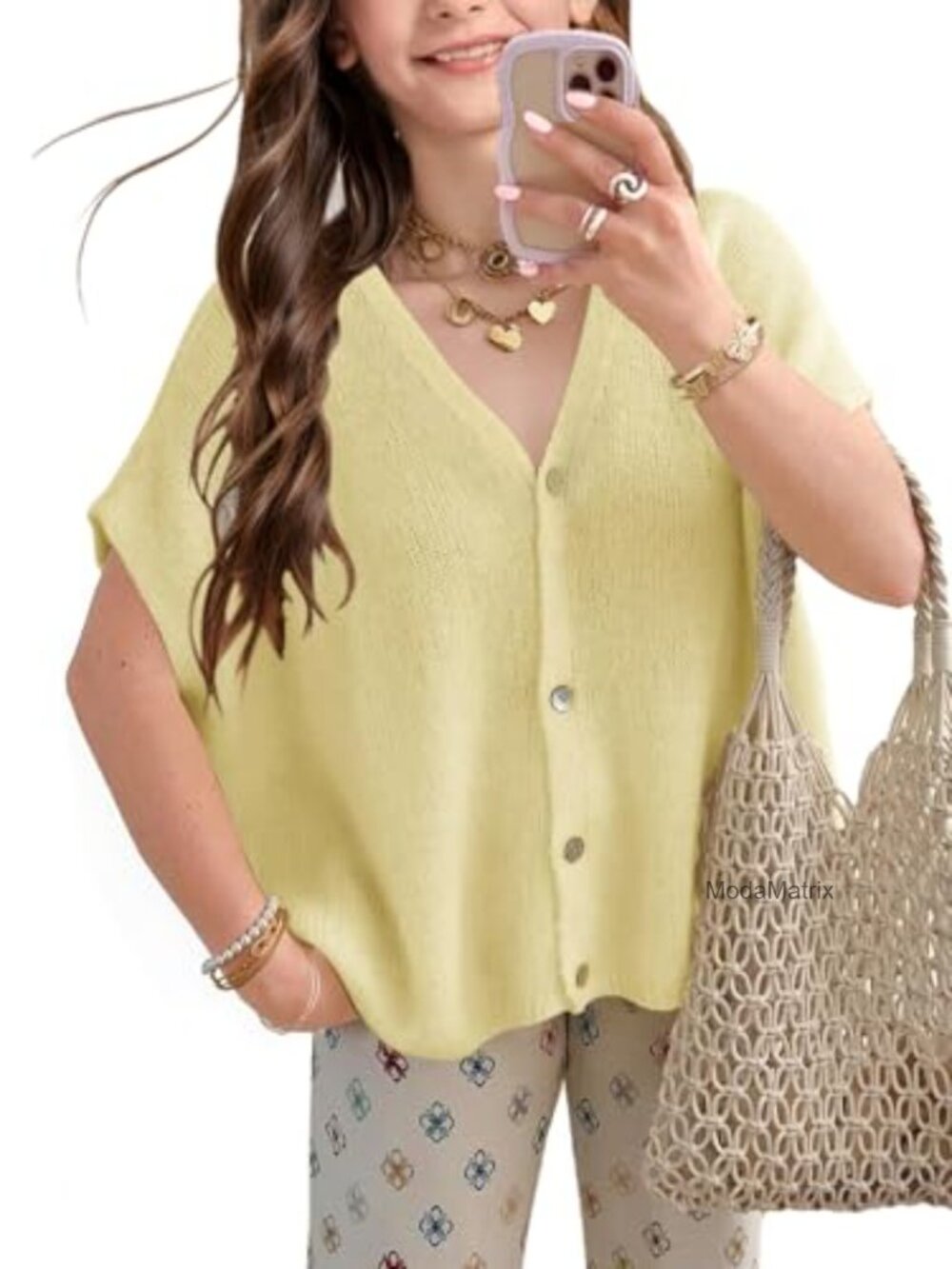 Girls Cardigan Sweater Lightweight V-Neck Button Short Batwing Sleeve Loose Fit